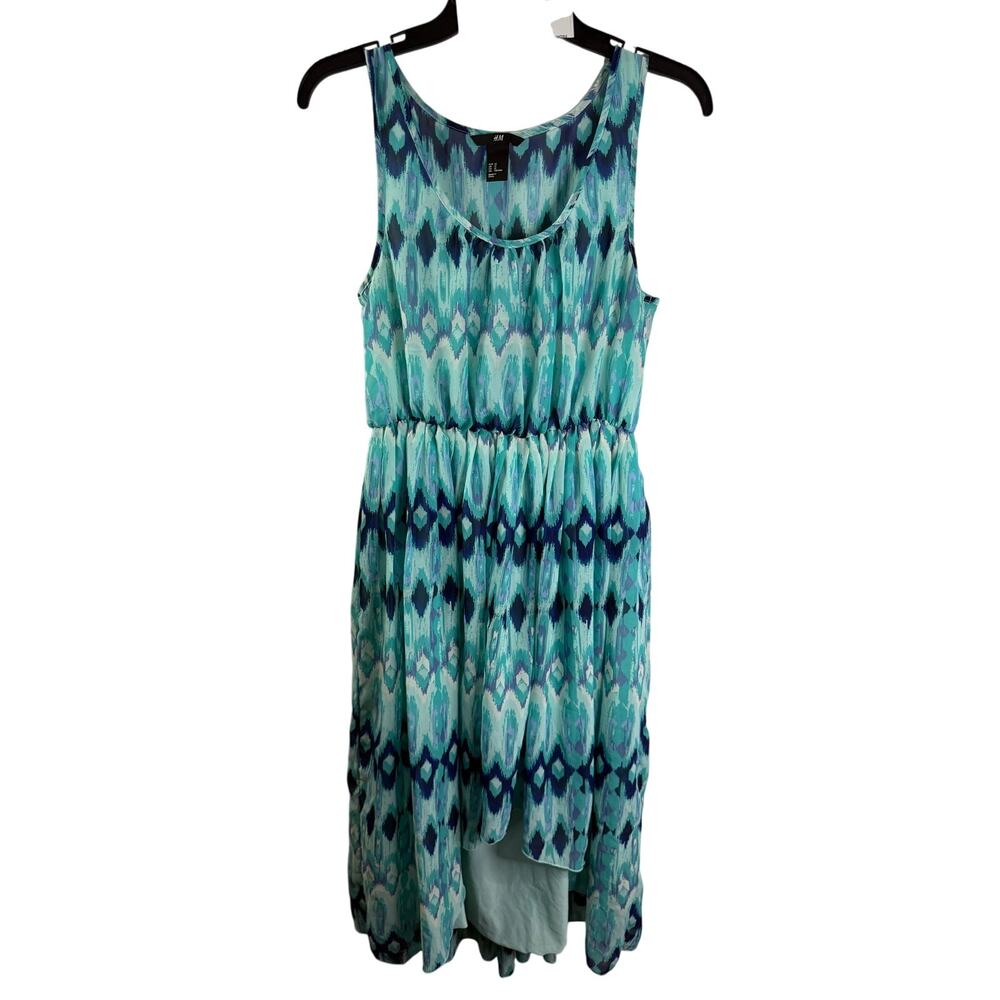H&M US 12 Teal Ikat High Low Dress Sleeveless Elastic Waist Midi Maxi Dress